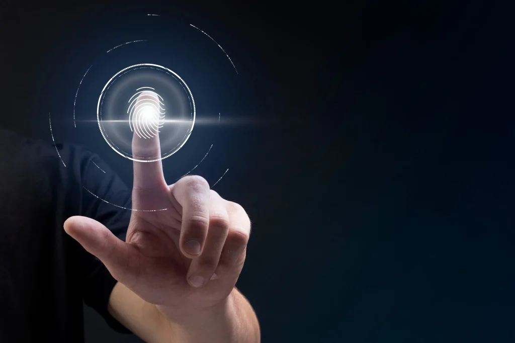 biometric technology background with fingerprint scanning system virtual screen digital remix 1